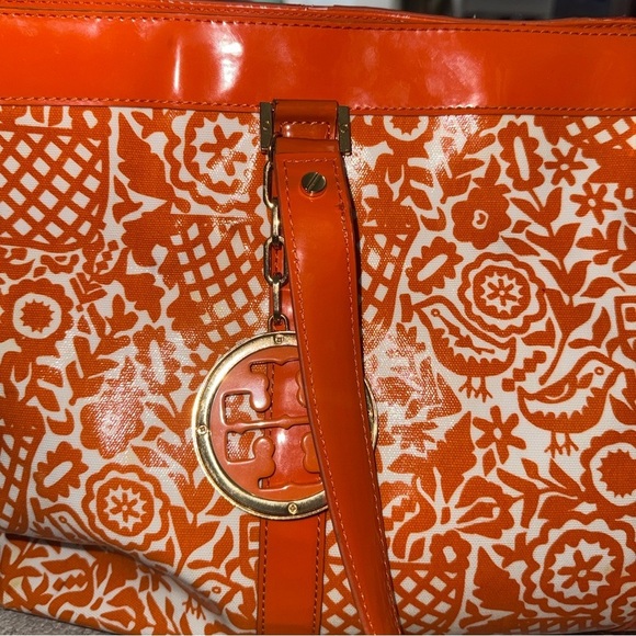 Tory Burch Coated Canvas Floral Orange and White Tote - Picture 3 of 9
